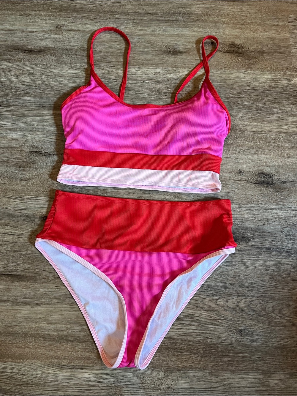 Jess Lea Pink and Red Ribbed Bikini Set